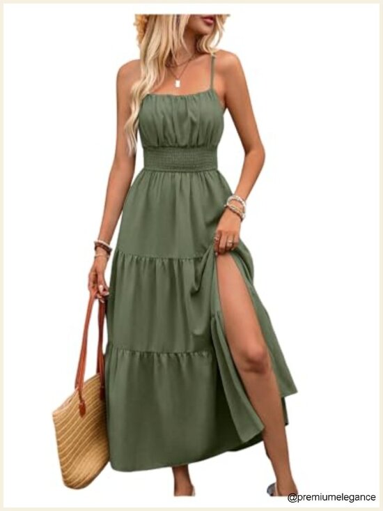 Dresses & Skirts - Sleeveless Square Neck Maxi Dress with Shirred Back, A-Line Silhouette